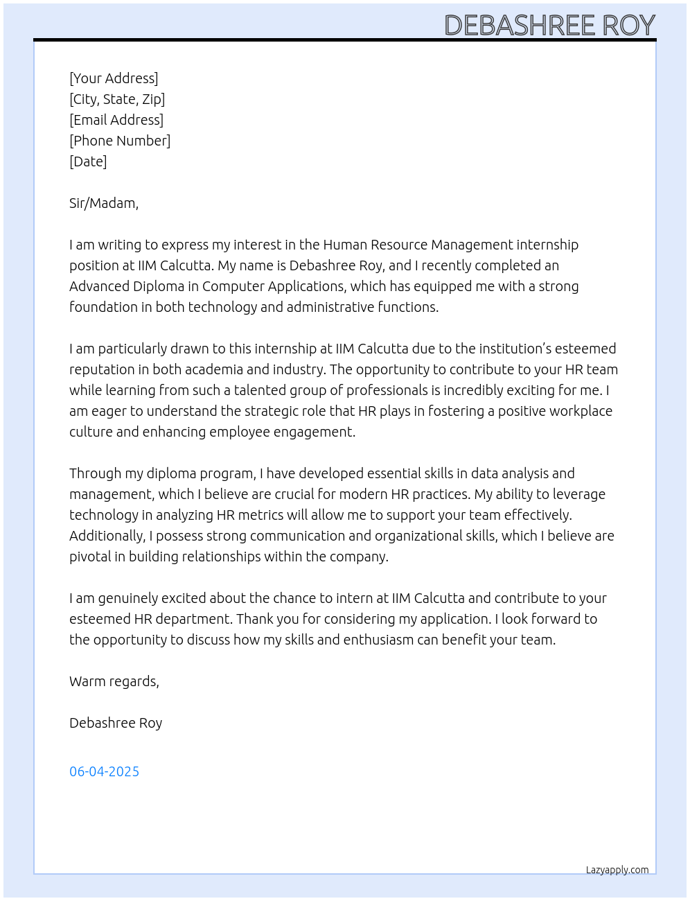 Cover letter for human resource management - LazyApply