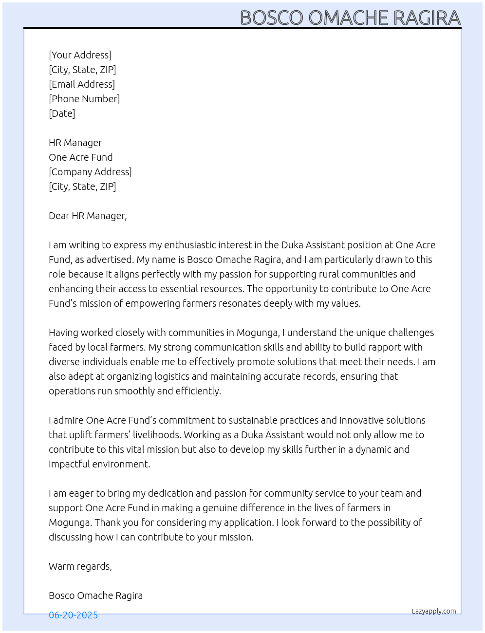 DUKA ASSISTANT At ONE ACRE FUND Cover Letter