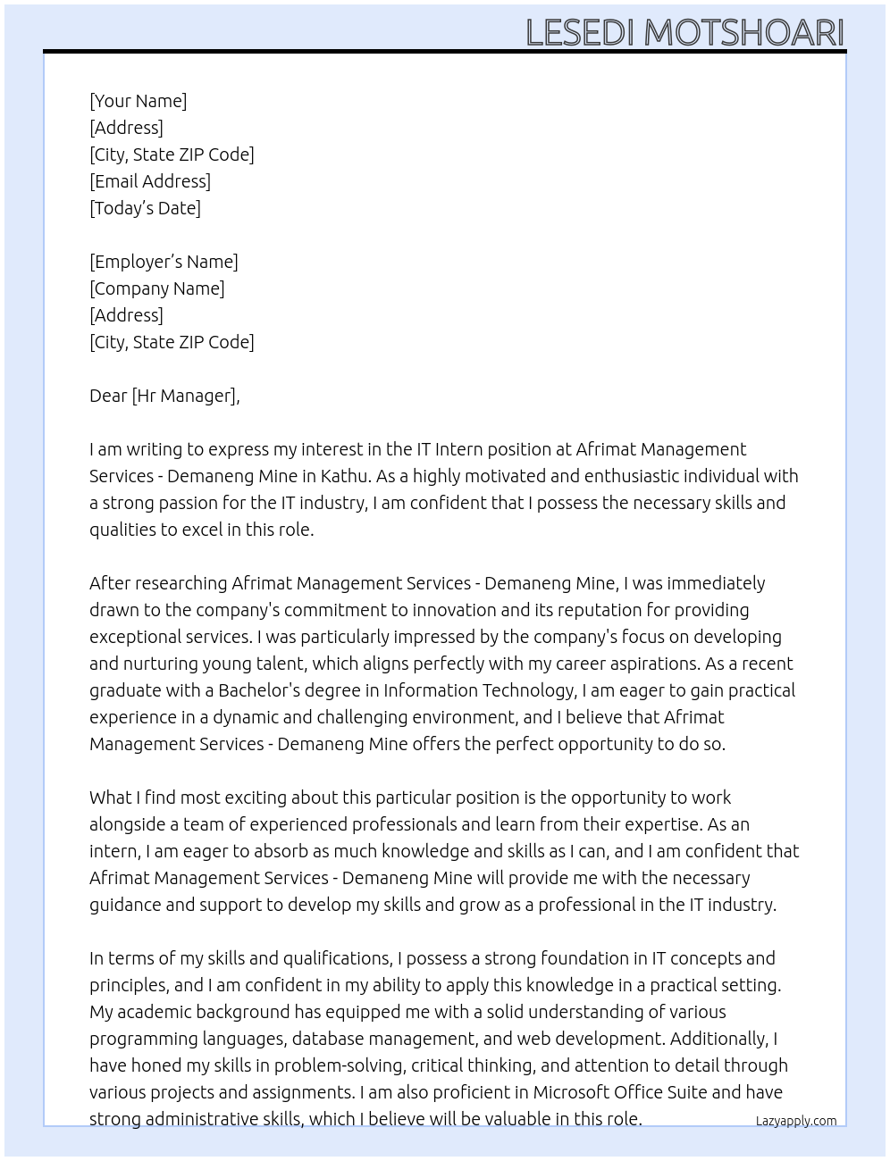 IT Intern At Afrimat Management Services - Demaneng Mine Cover Letter