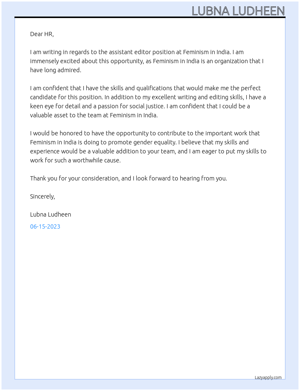 assistant editor At Feminism in India Cover Letter