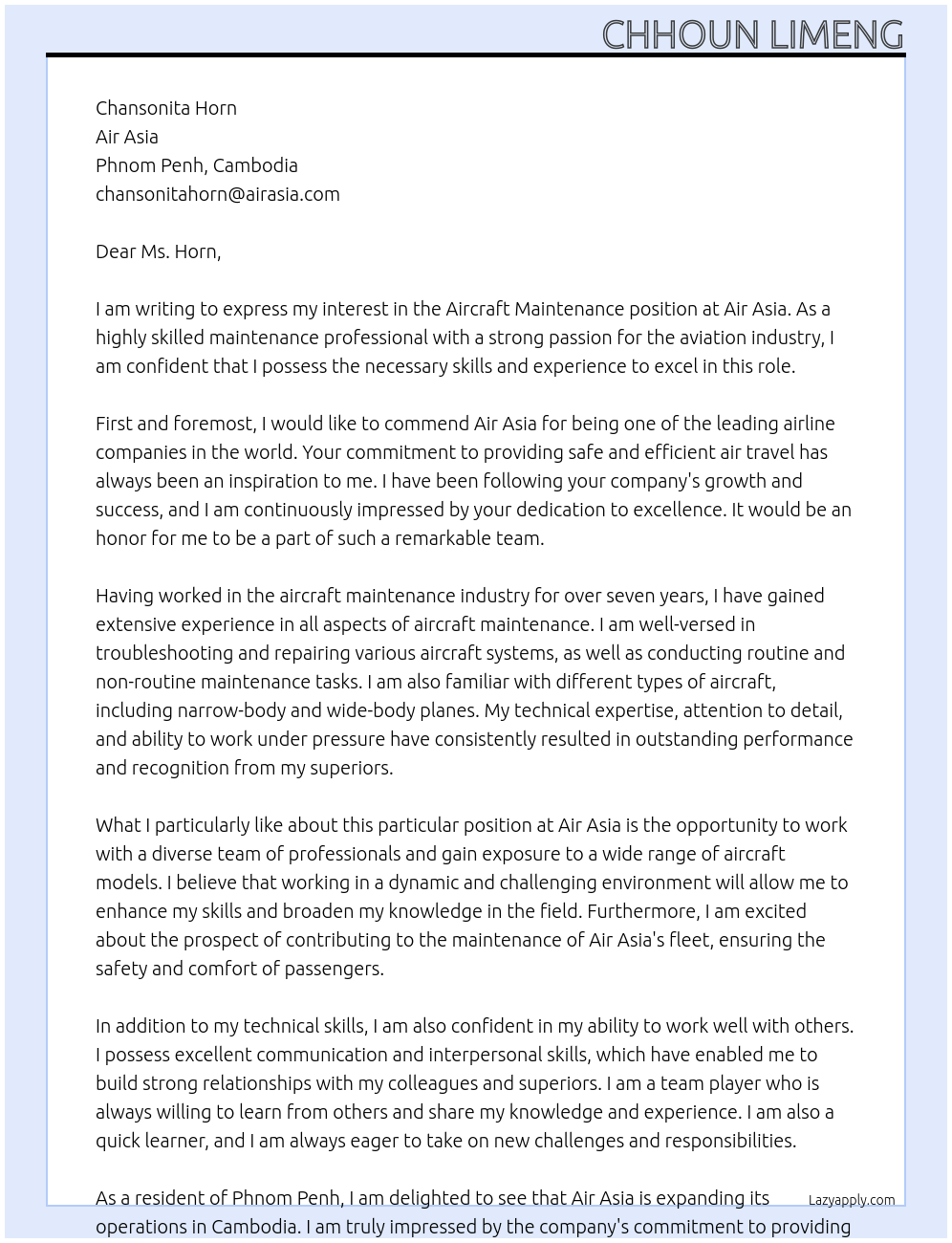 Aircraft Maintenance  At Air Asia  Cover Letter
