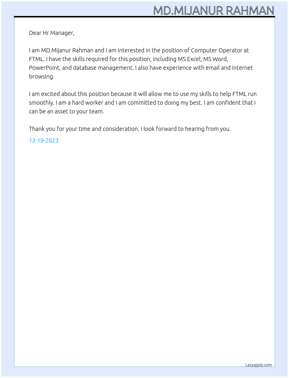 Computer operator At FTML Cover Letter