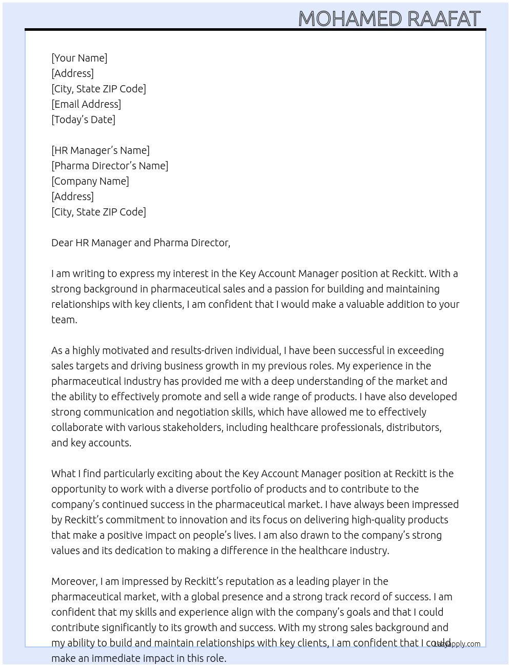 Key Account Manager At Reckitt  Cover Letter