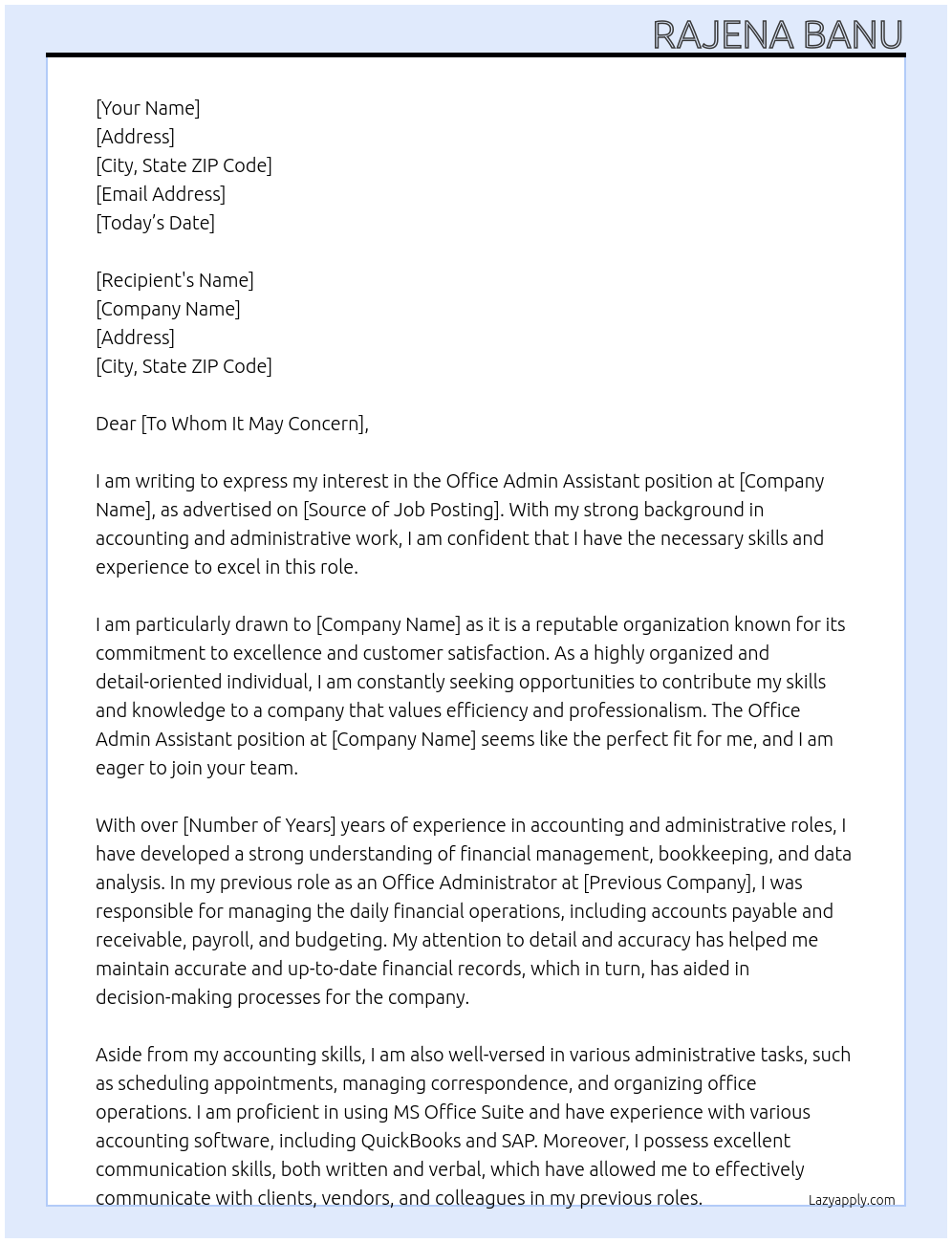 Office Admin Assistant  At Office assistant  Cover Letter