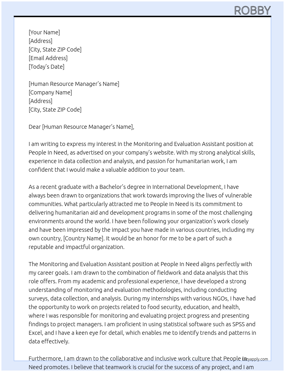 monitoring and evaluation assistant At People In Need Cover Letter