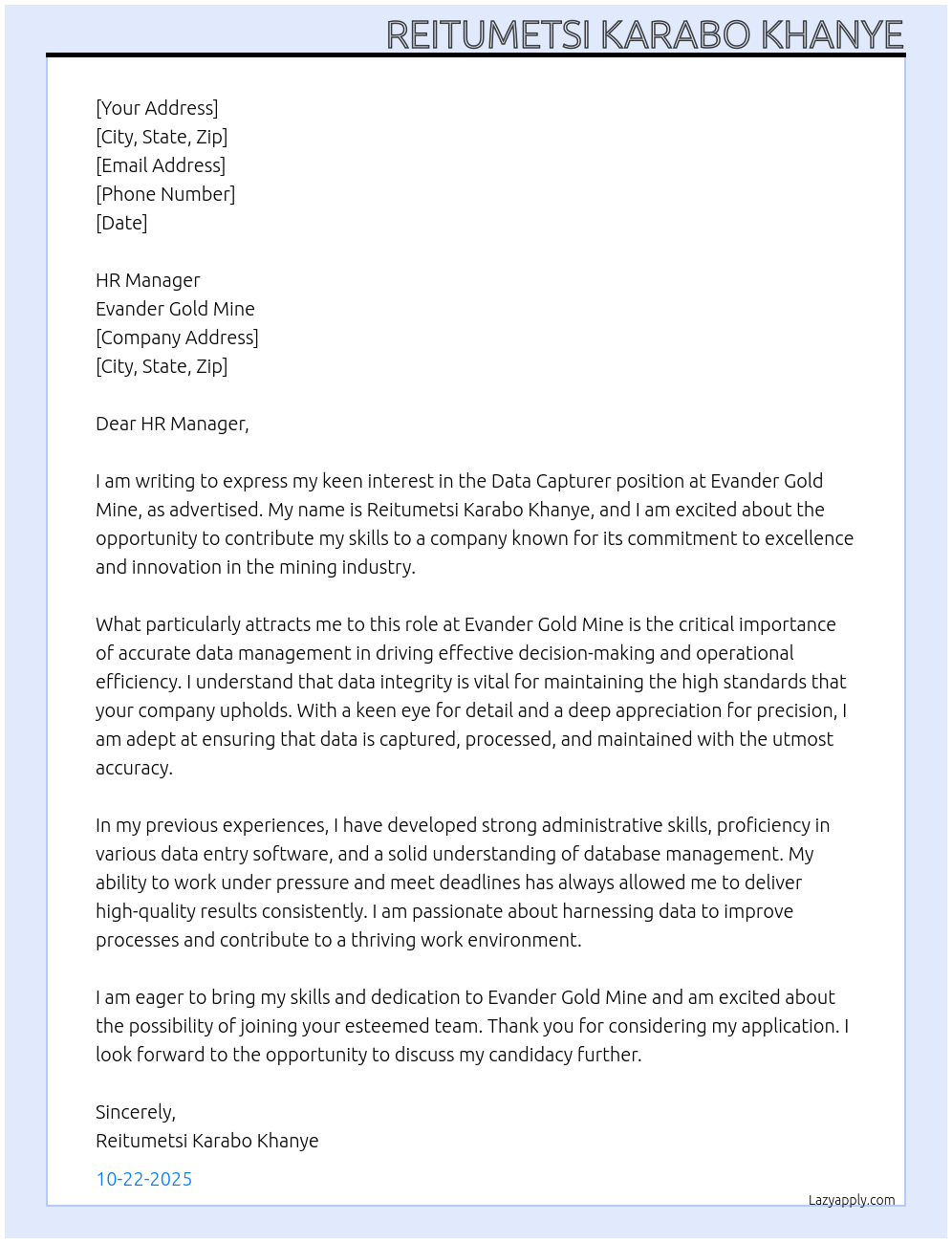 Data capturer At Evander Gold Mine Cover Letter