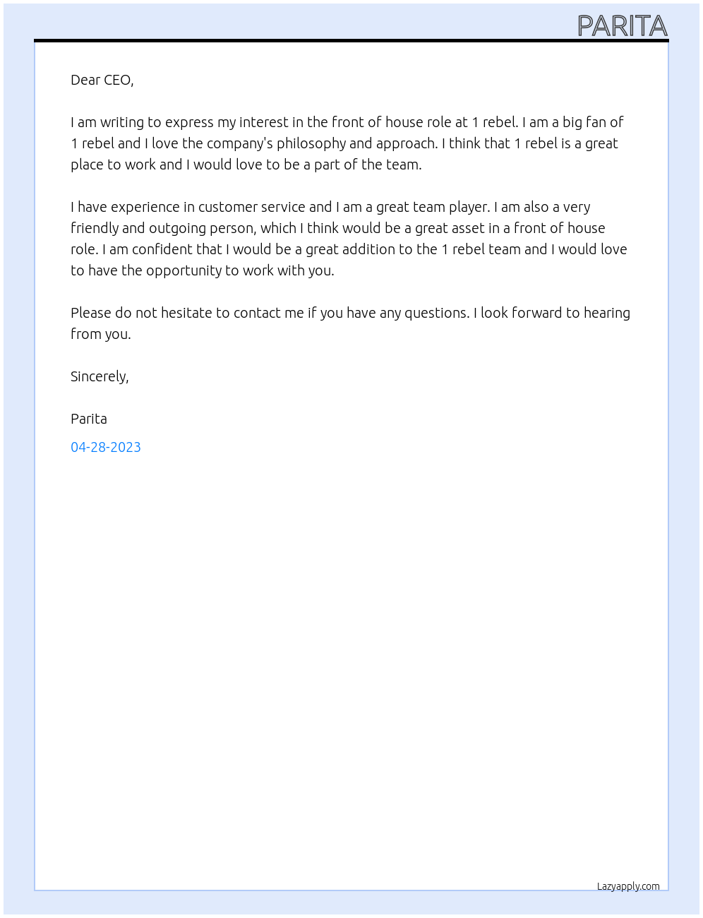 front of house At 1 rebel Cover Letter