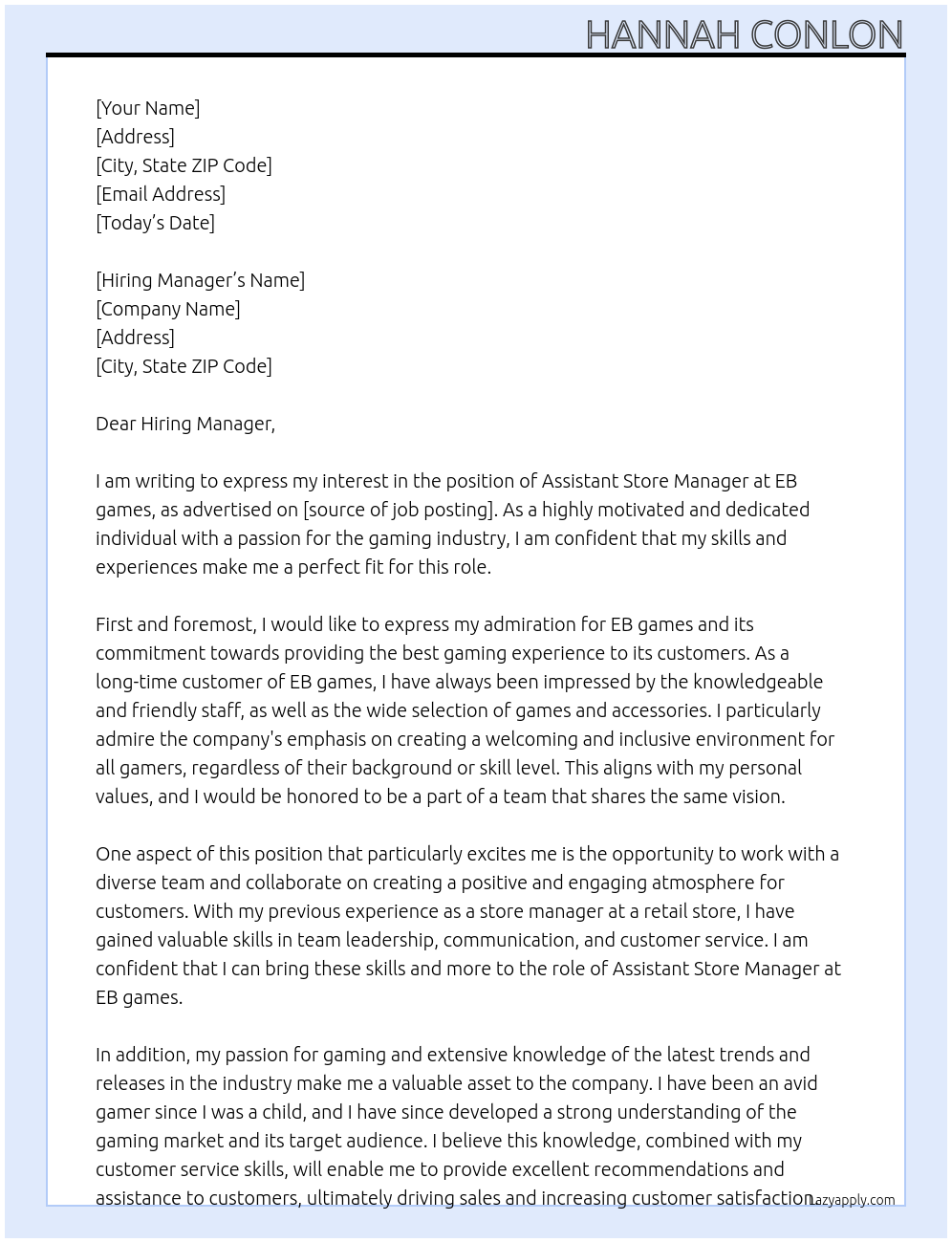 Assistant Store Manager At EB games Cover Letter