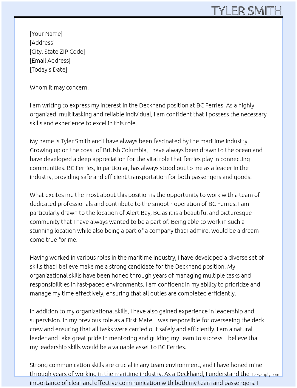 deckhand At BC Ferries Cover Letter