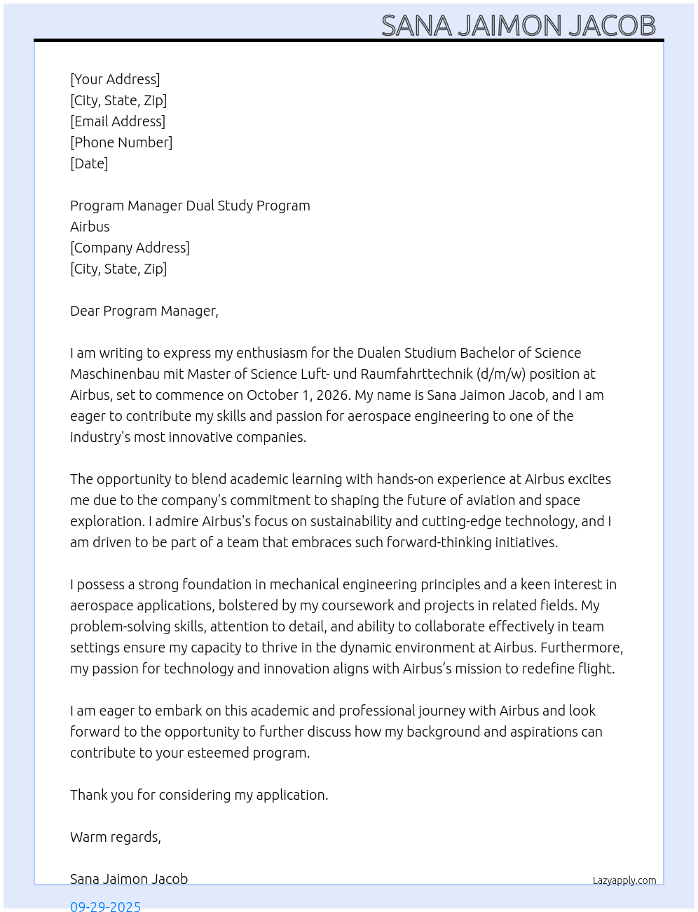 Dualen Studium Bachelor of Science Maschinenbau mit Master of Science Luft- und Raumfahrttechnik (d/m/w) zum 01.10.2026 At Airbus Cover Letter