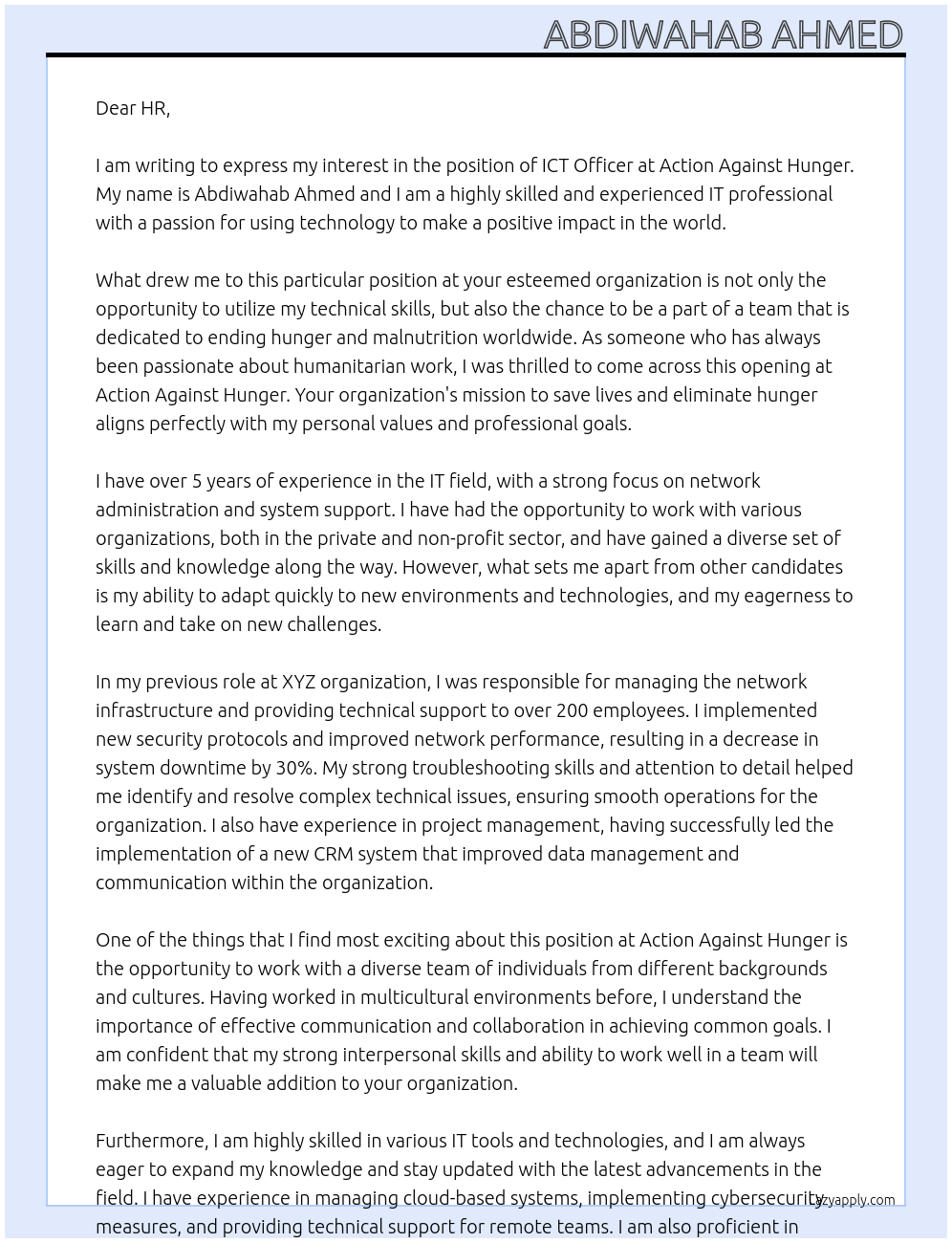 ICT Officer At Action Against Hunger Cover Letter