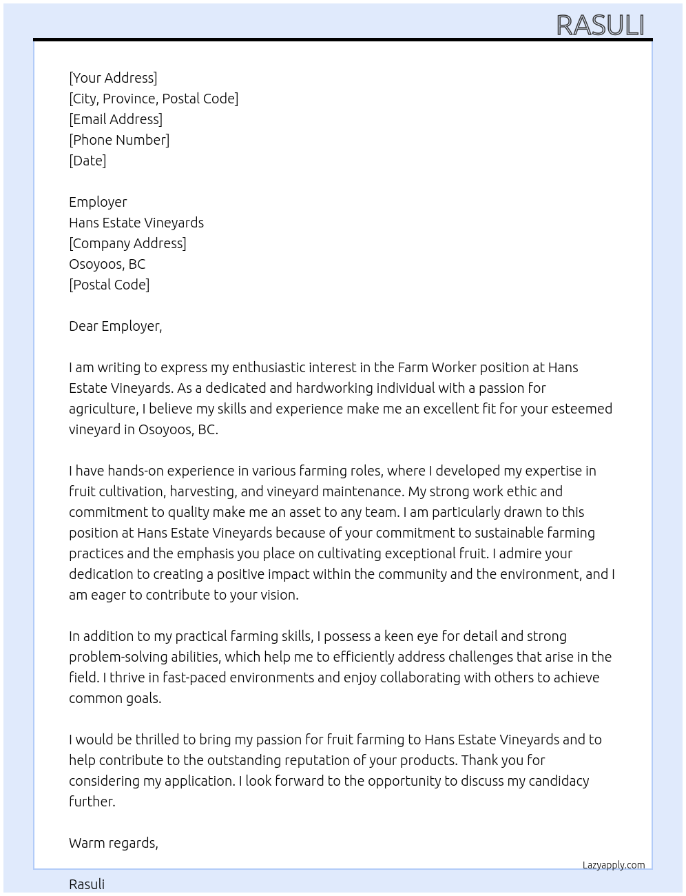 Cover letter for farm worker, fruit - LazyApply