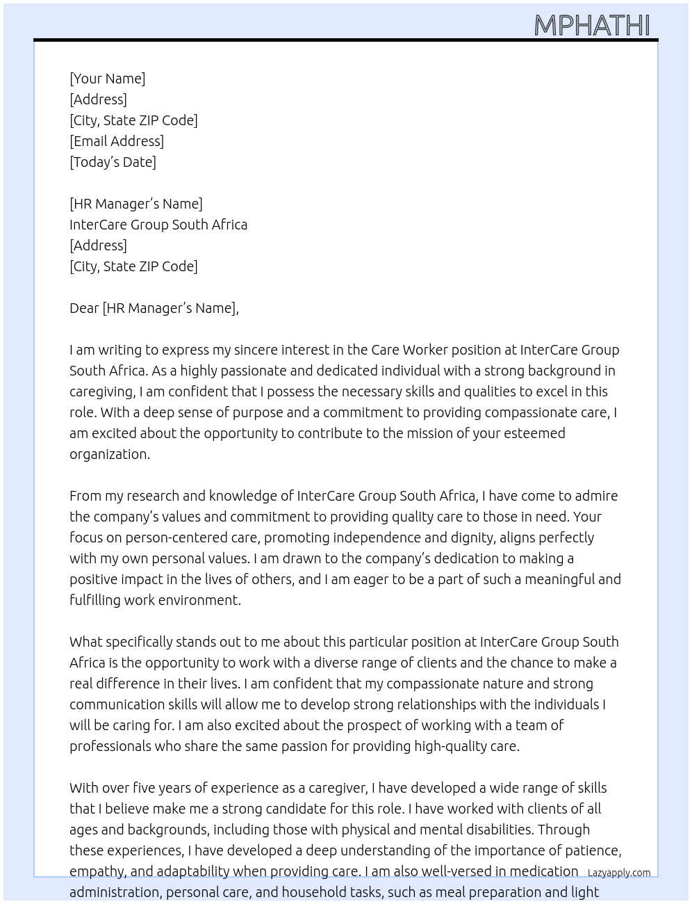 Care Worker  At InterCare Group South Africa  Cover Letter