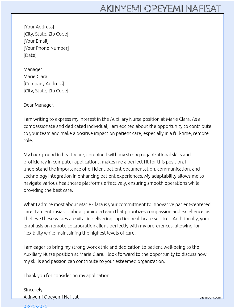 Auxiliary nurse At Marie clara Cover Letter