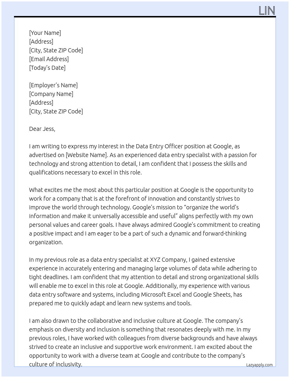 Data entry officer At Google Cover Letter