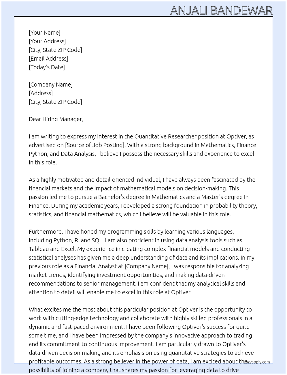 Quantitative Researcher At Optiver Cover Letter