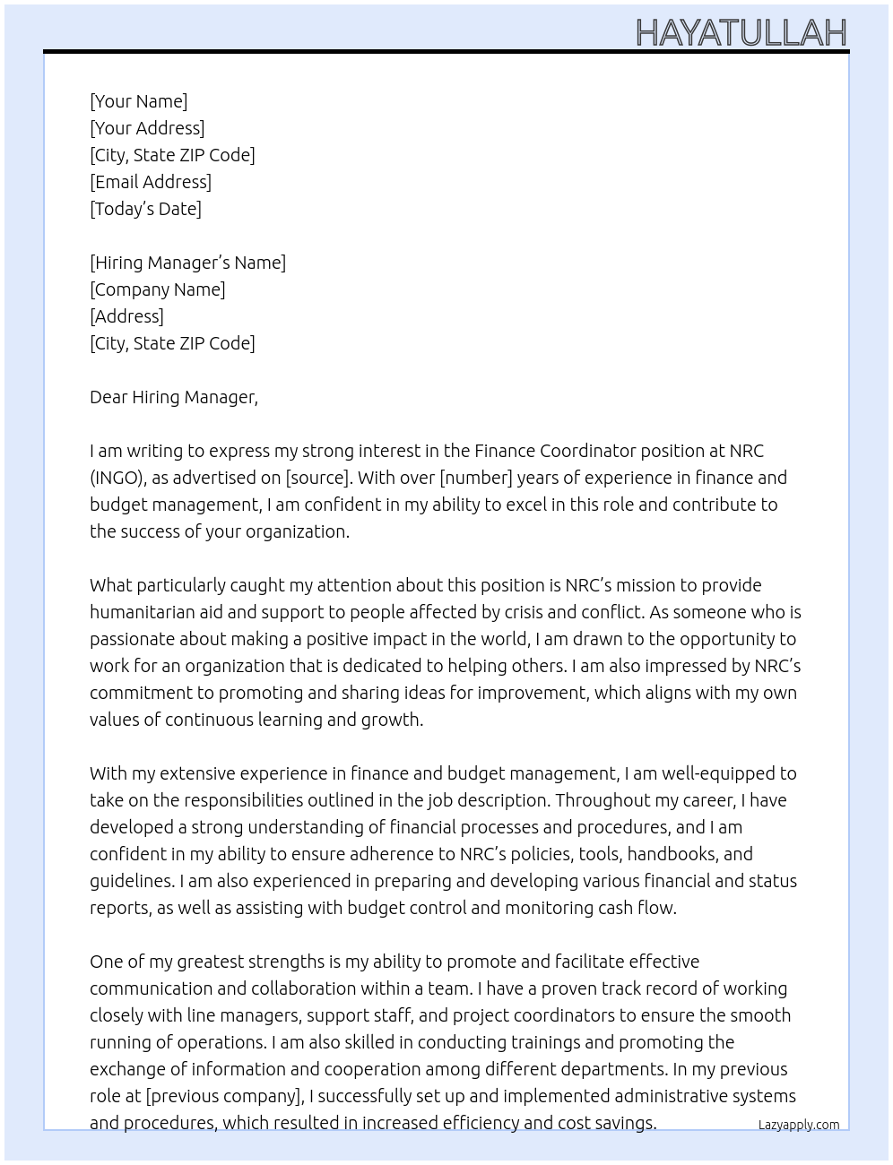 Finance coordinator At NRC (INGO) Cover Letter