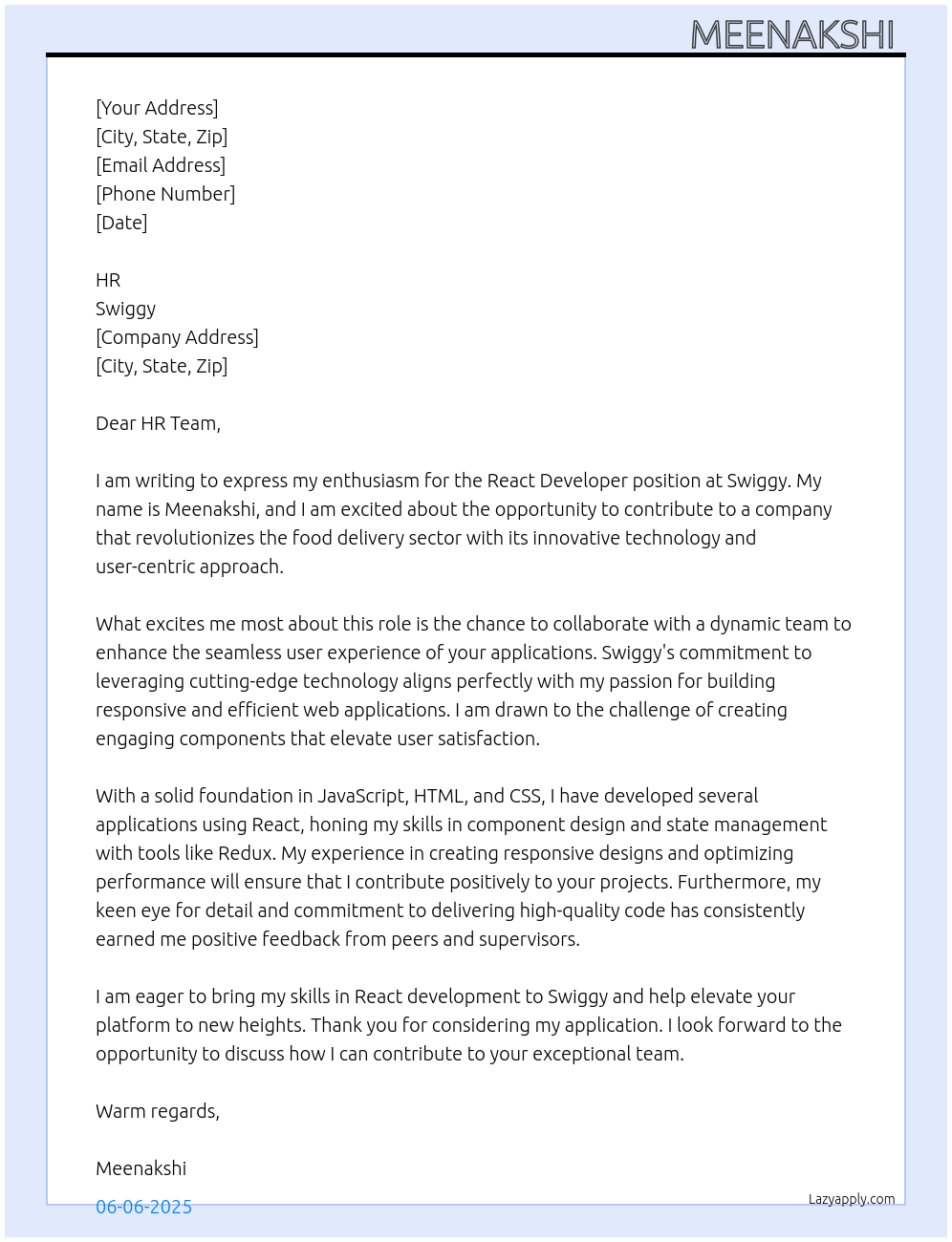 Cover letter for react developer - LazyApply