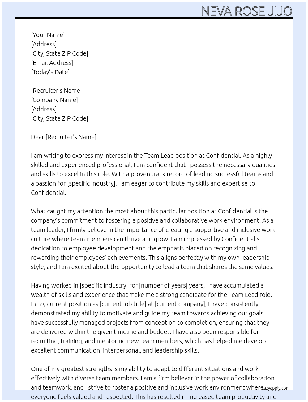 Team Lead At Confidential Cover Letter