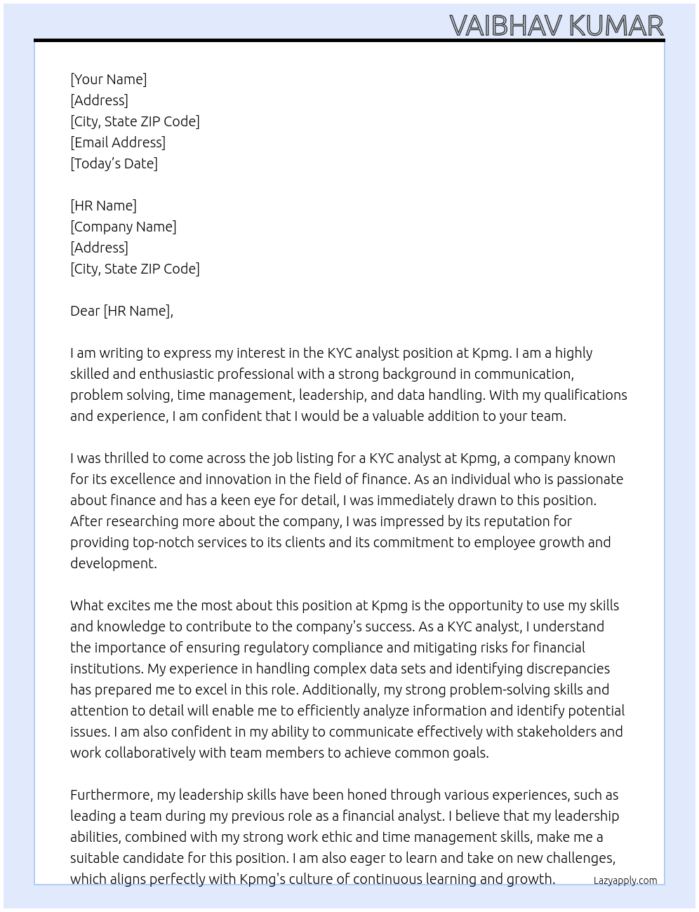 KYC analyst  At Kpmg  Cover Letter