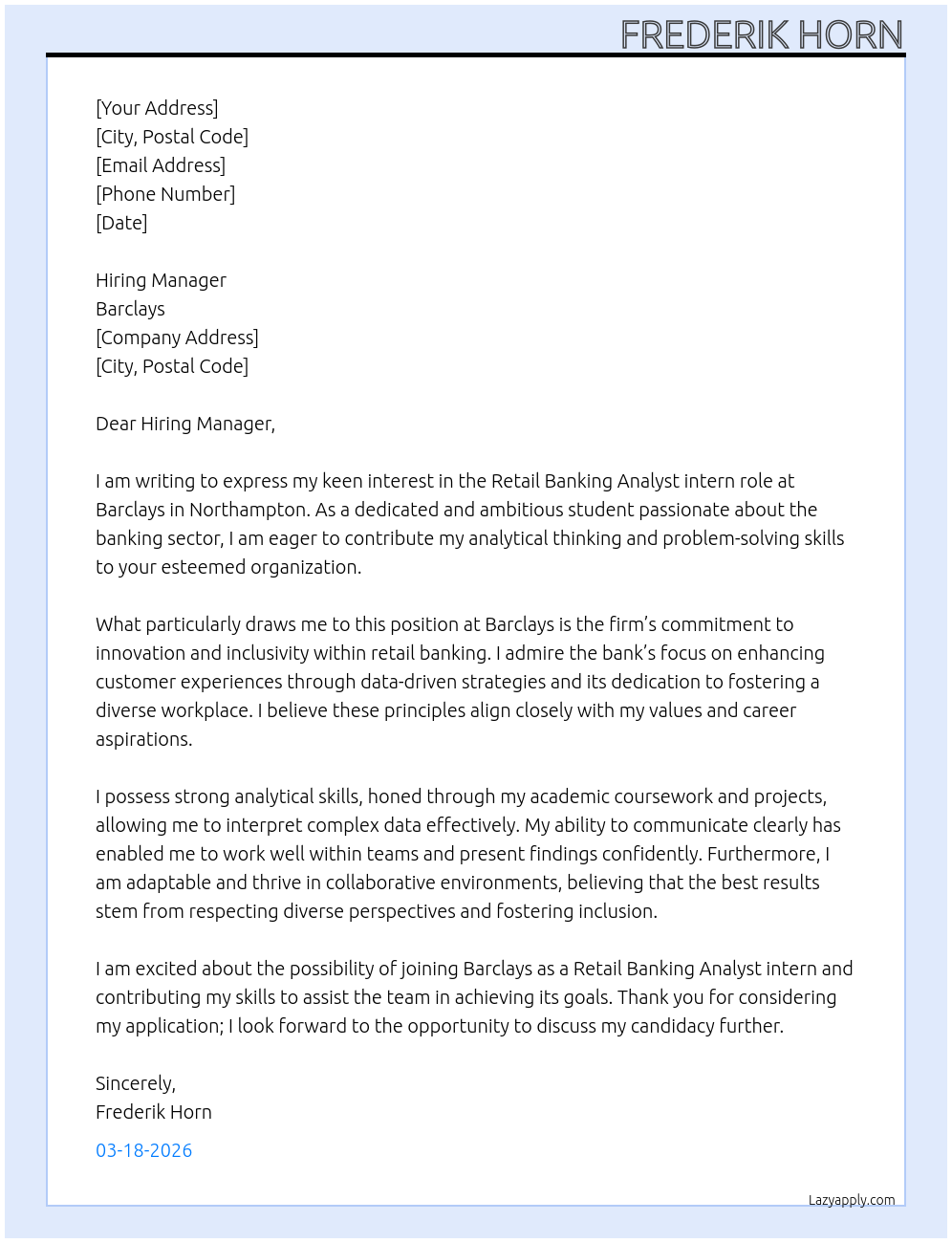 Retail Banking Analyst At Barclays Cover Letter