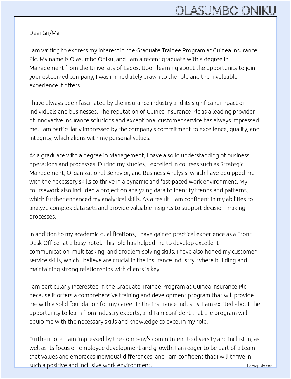 graduate trainee program At guinea insurance plc Cover Letter