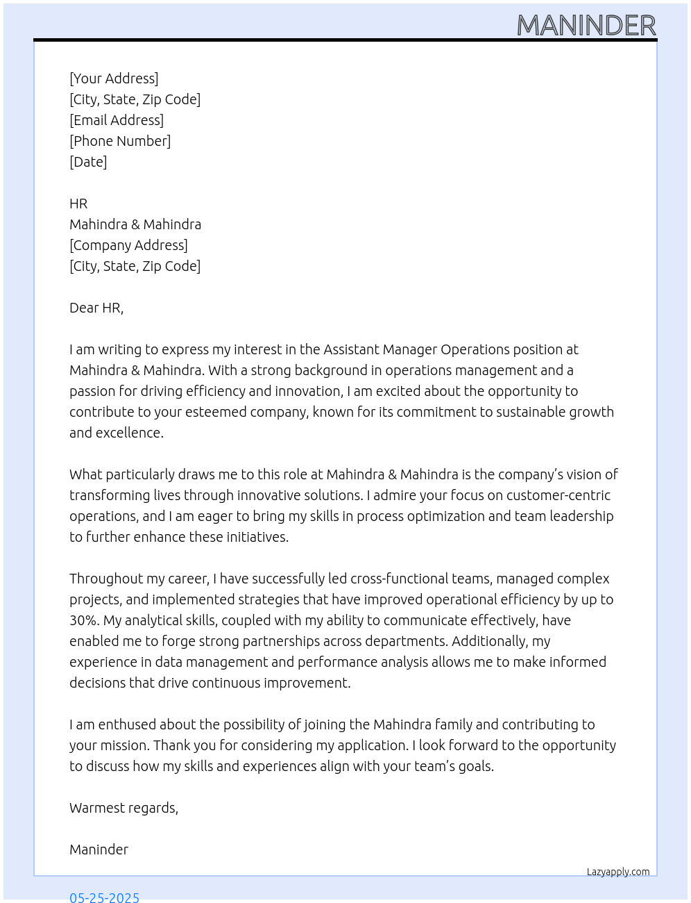 Assistana Manager Operation At Mahindra & Mahindra Cover Letter