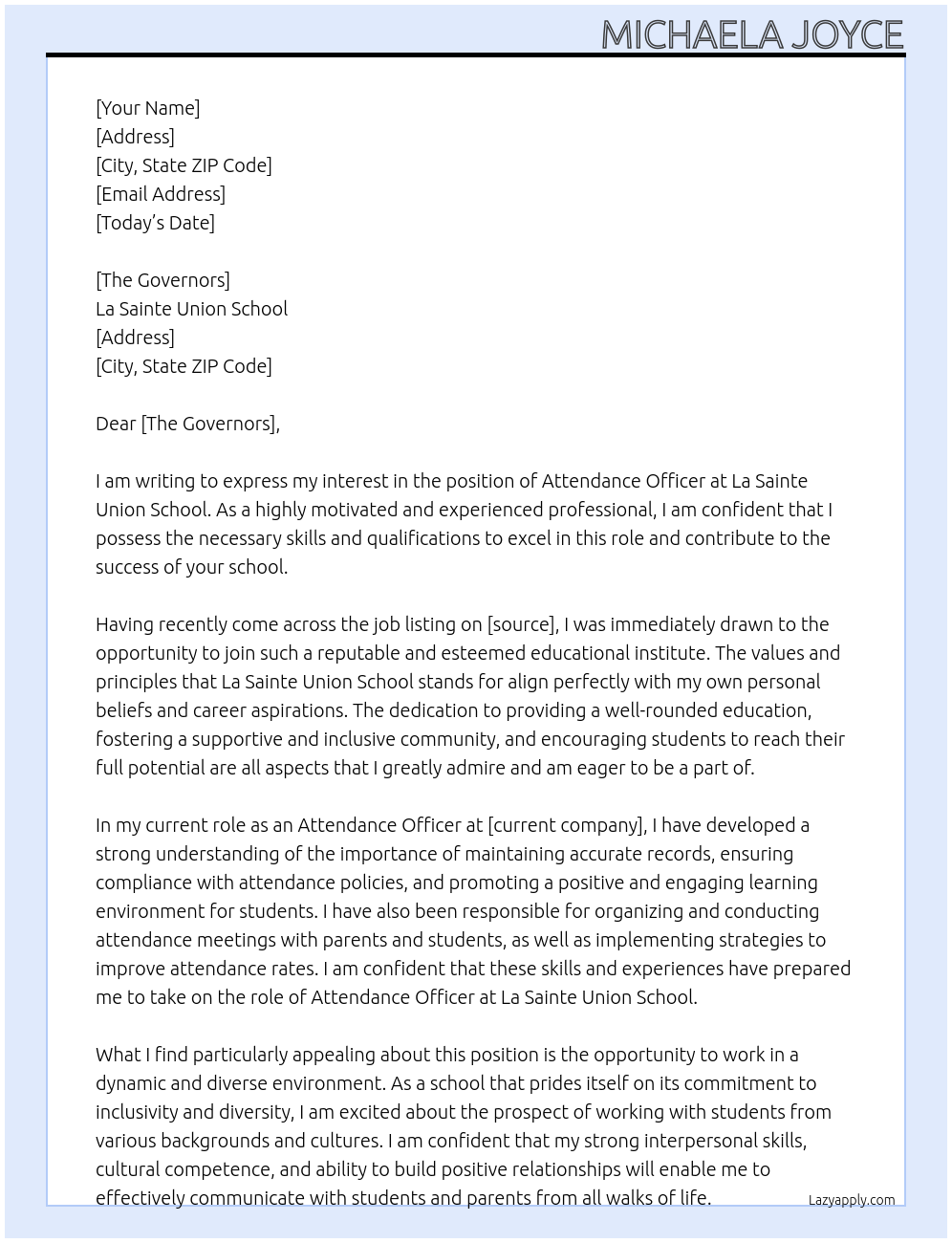 attendance officer At La Sainte Union School  Cover Letter