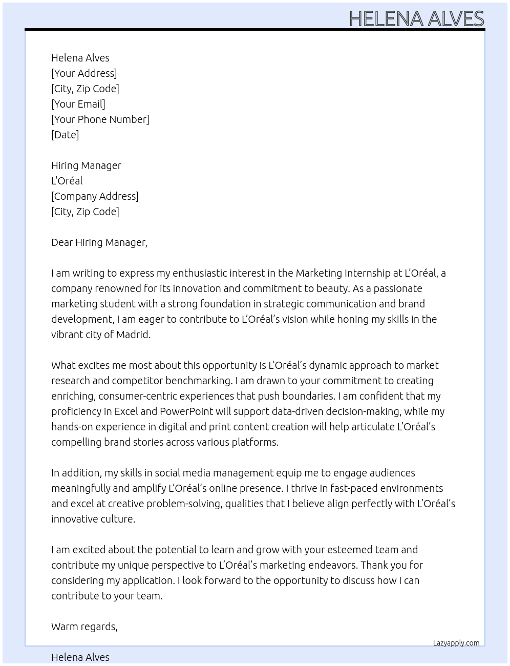 Marketing Internship At Loreal Cover Letter