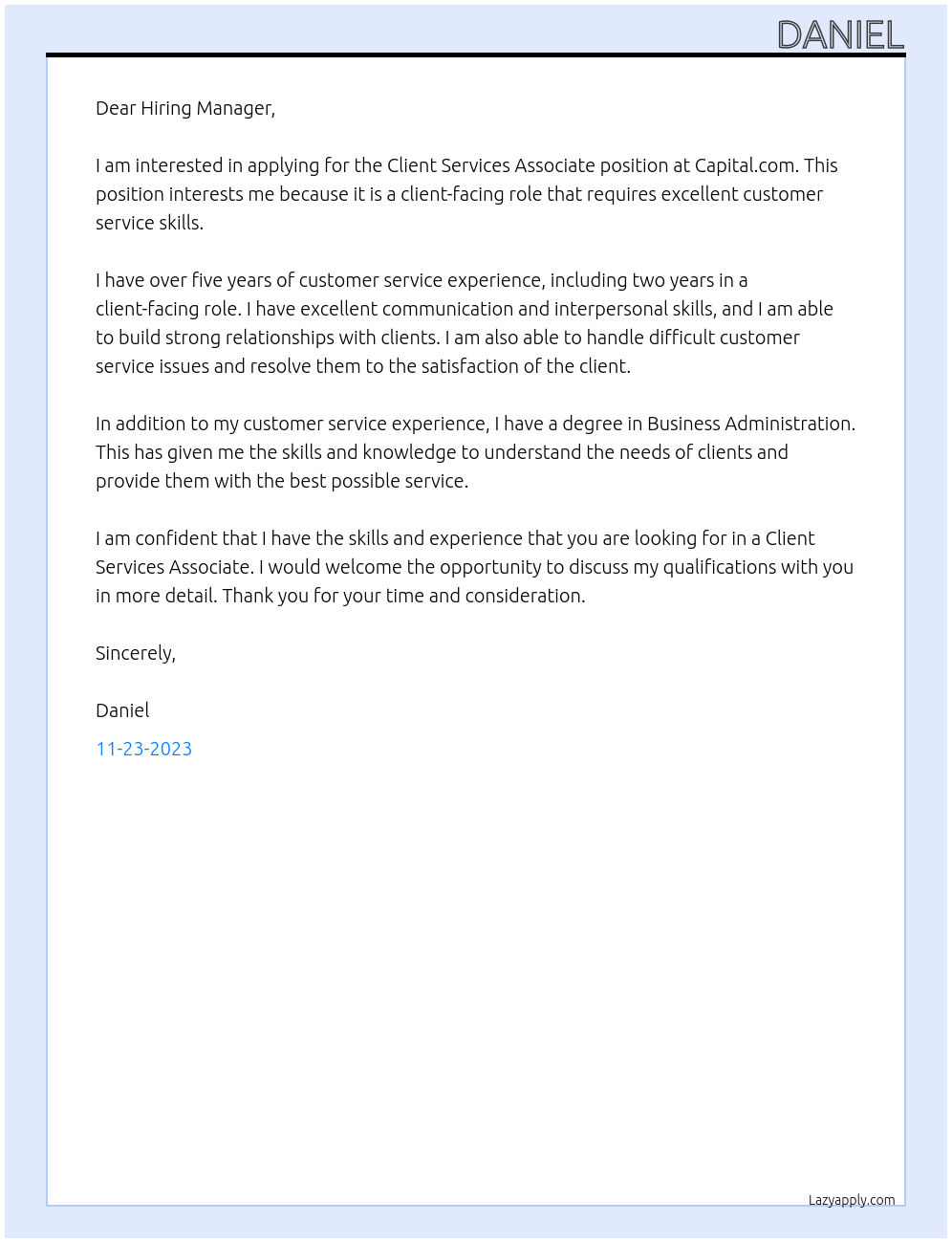 Client Services Associate At capital.com Cover Letter