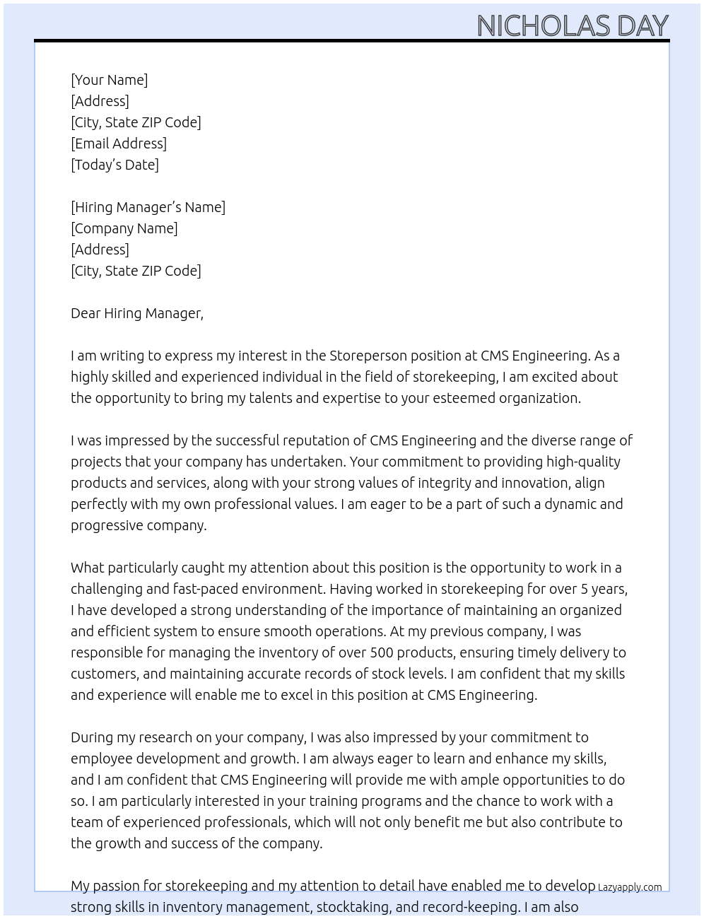 Storeperson At CMS Engineering Cover Letter