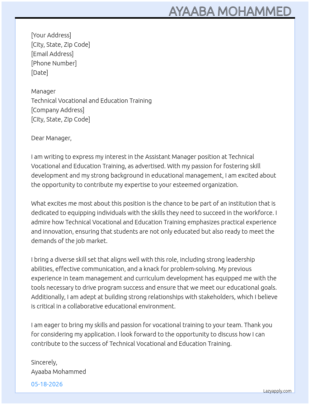 Assistant manager  At Technical vocational and education training  Cover Letter