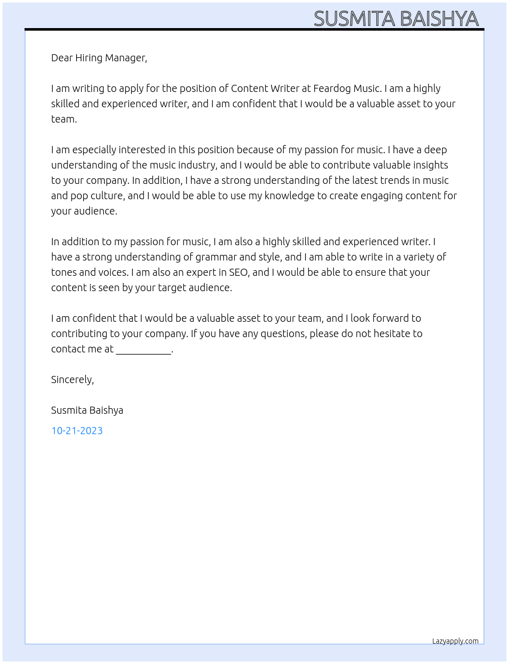 Content Writing At Feardog music Cover Letter