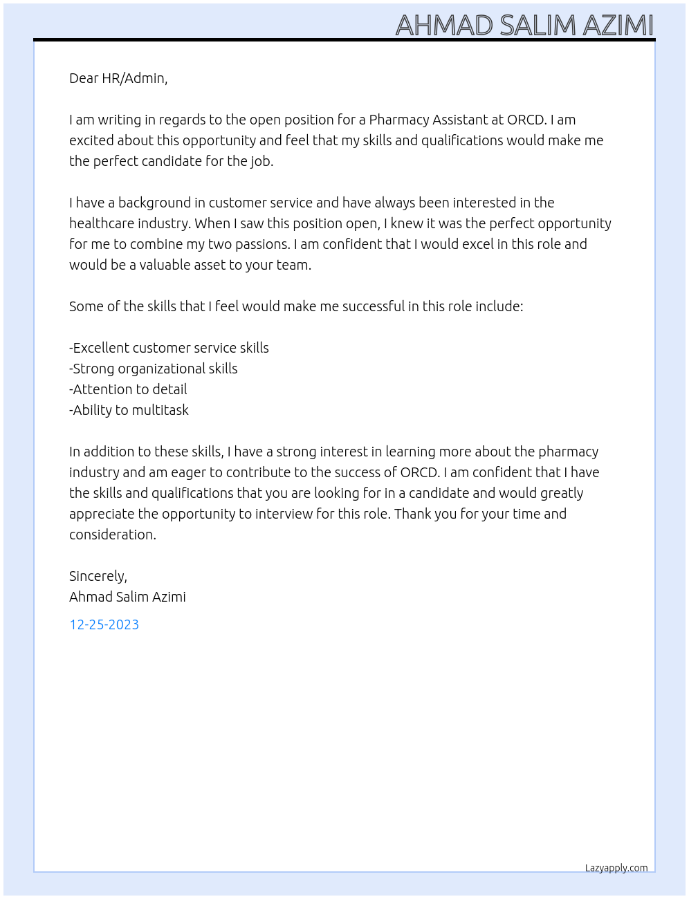 Pharmacy assistant  At ORCD Cover Letter