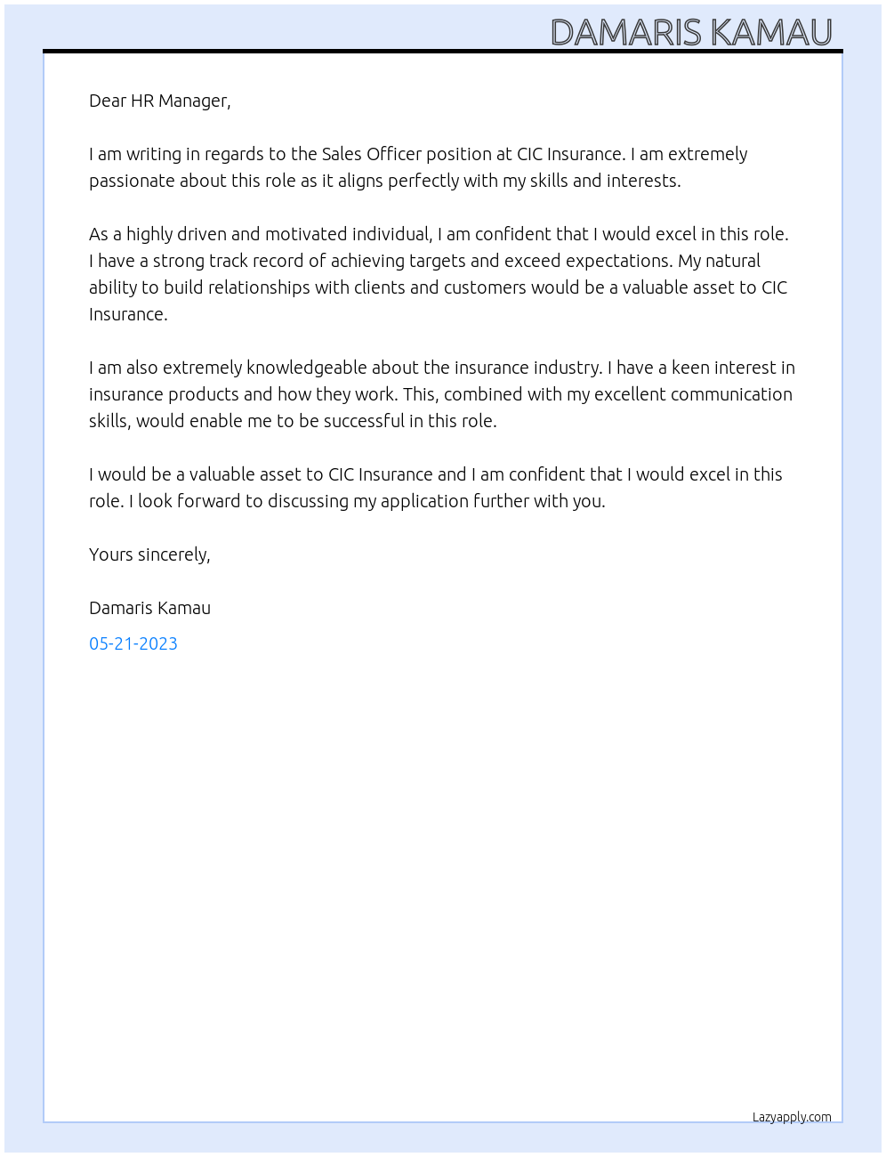 SALES OFFICER At CIC Insurance Cover Letter