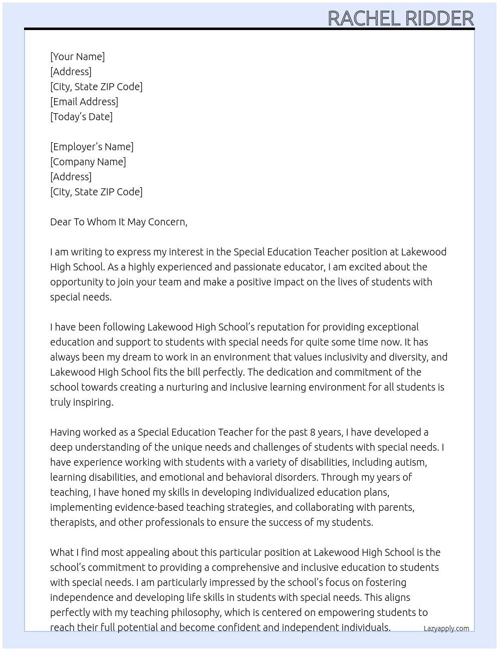 Special Education Teacher At Lakewood High School Cover Letter