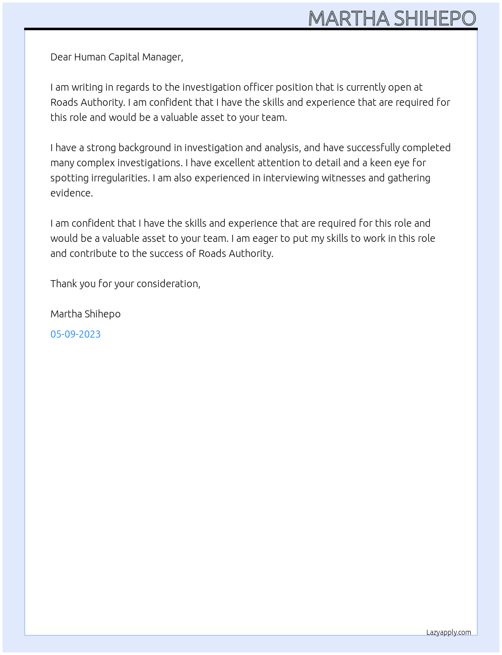 investigation officer At Roads AUthority Cover Letter