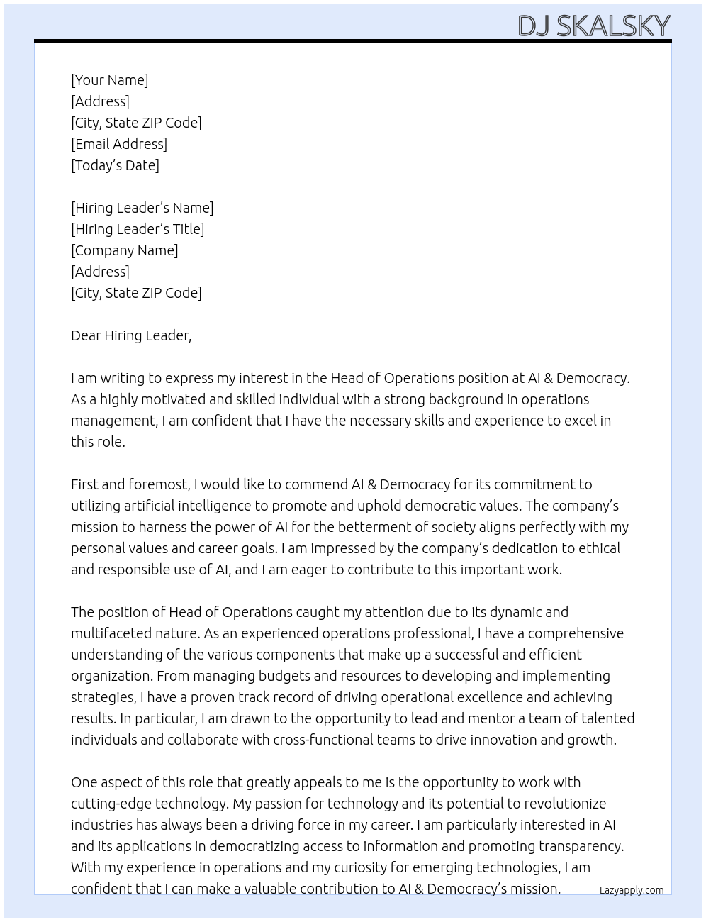 Head of Operations At AI & Democracy Cover Letter