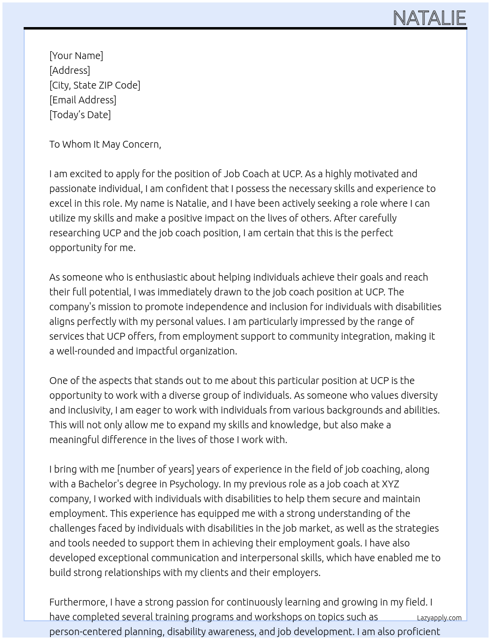 job coach At UCP Cover Letter