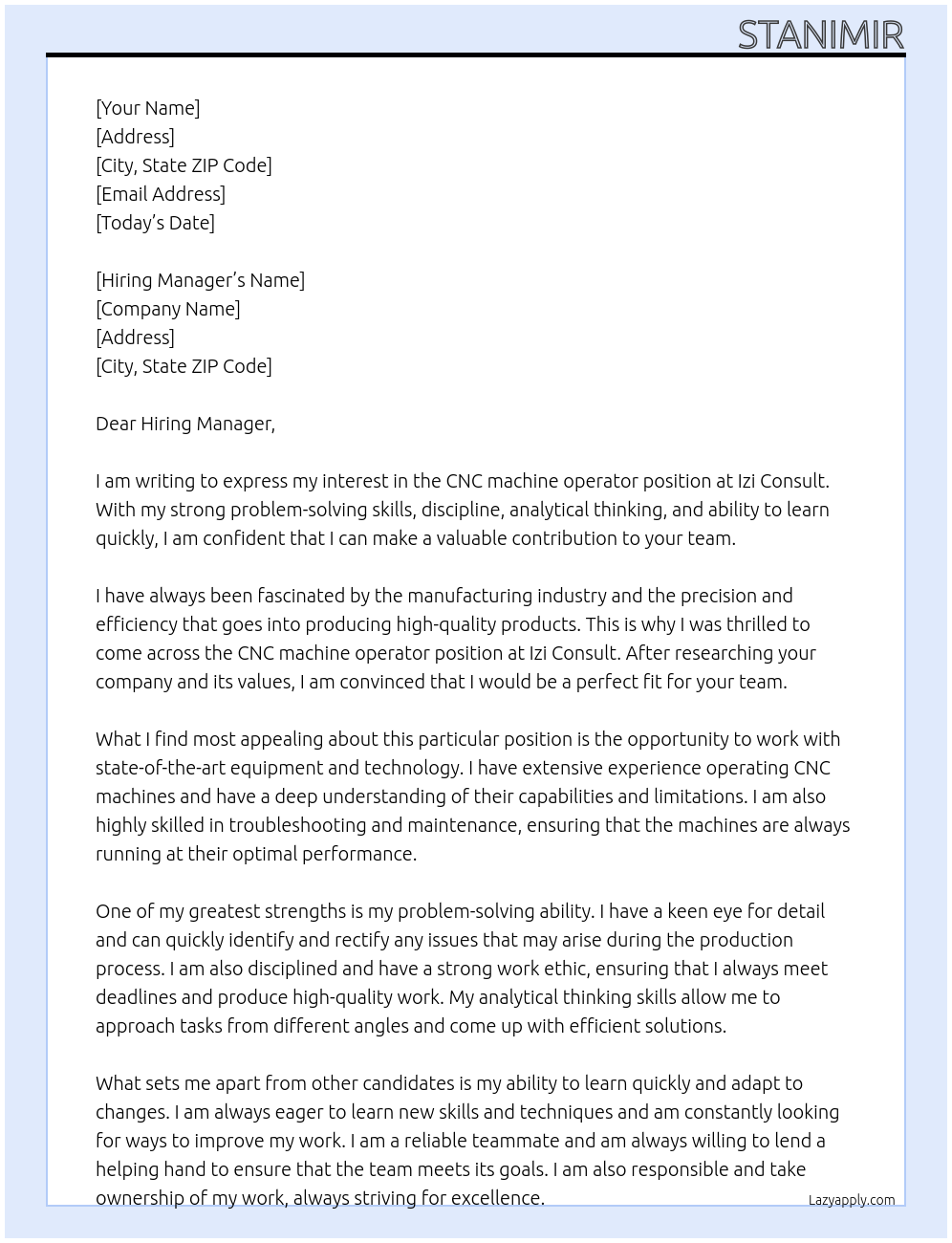 CNC machine operator At izi consult Cover Letter