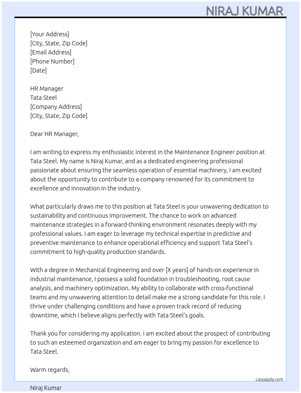 Maintenance Engineer At Tata steel Cover Letter
