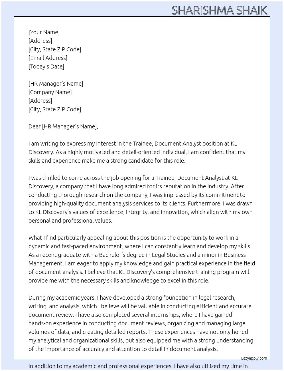 Trainee, document analyst  At KL discovery  Cover Letter