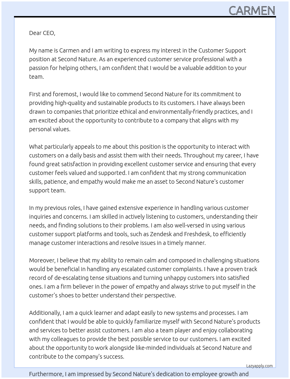 Customer support  At Second nature  Cover Letter
