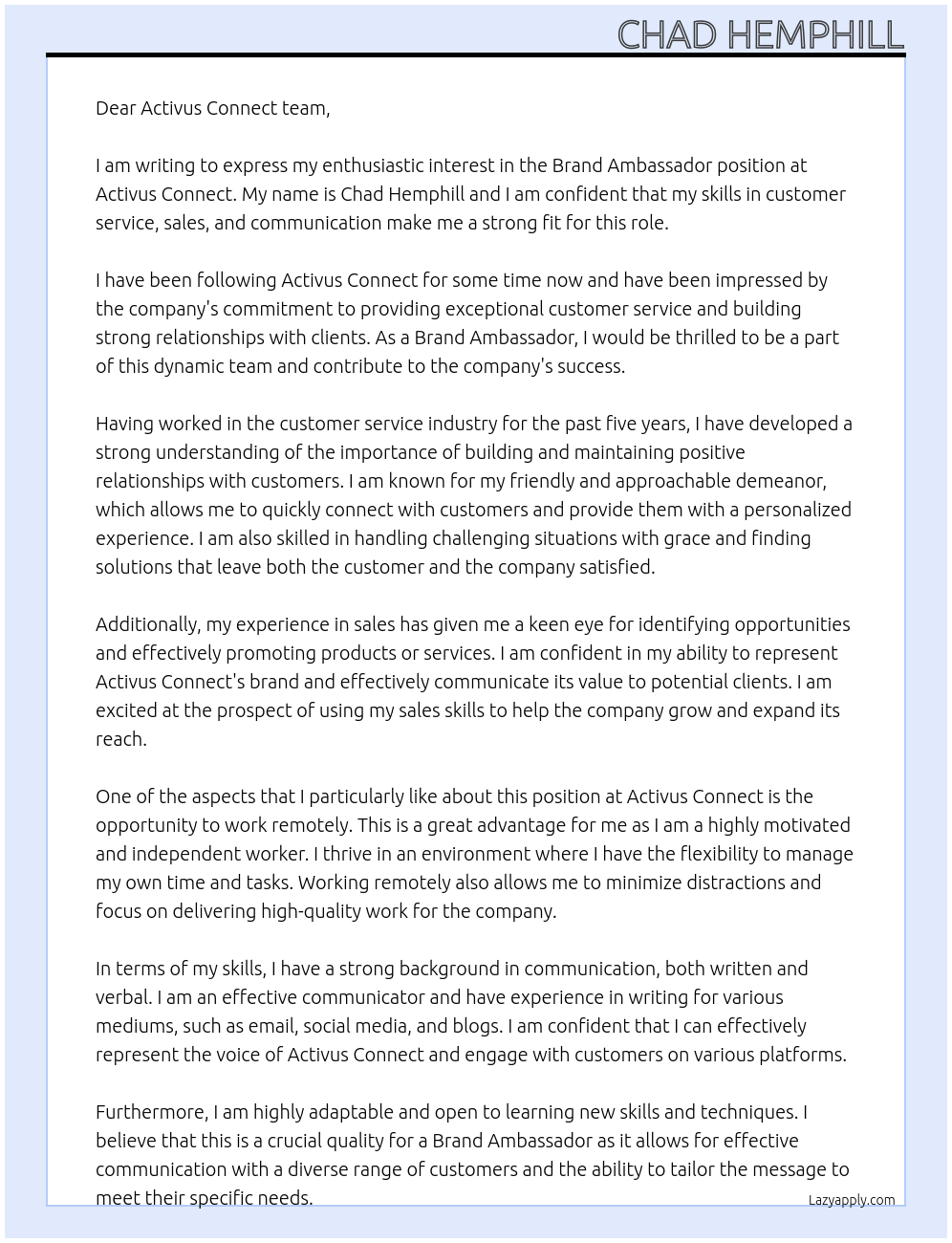 Brand Ambassador At Activus Connect Cover Letter