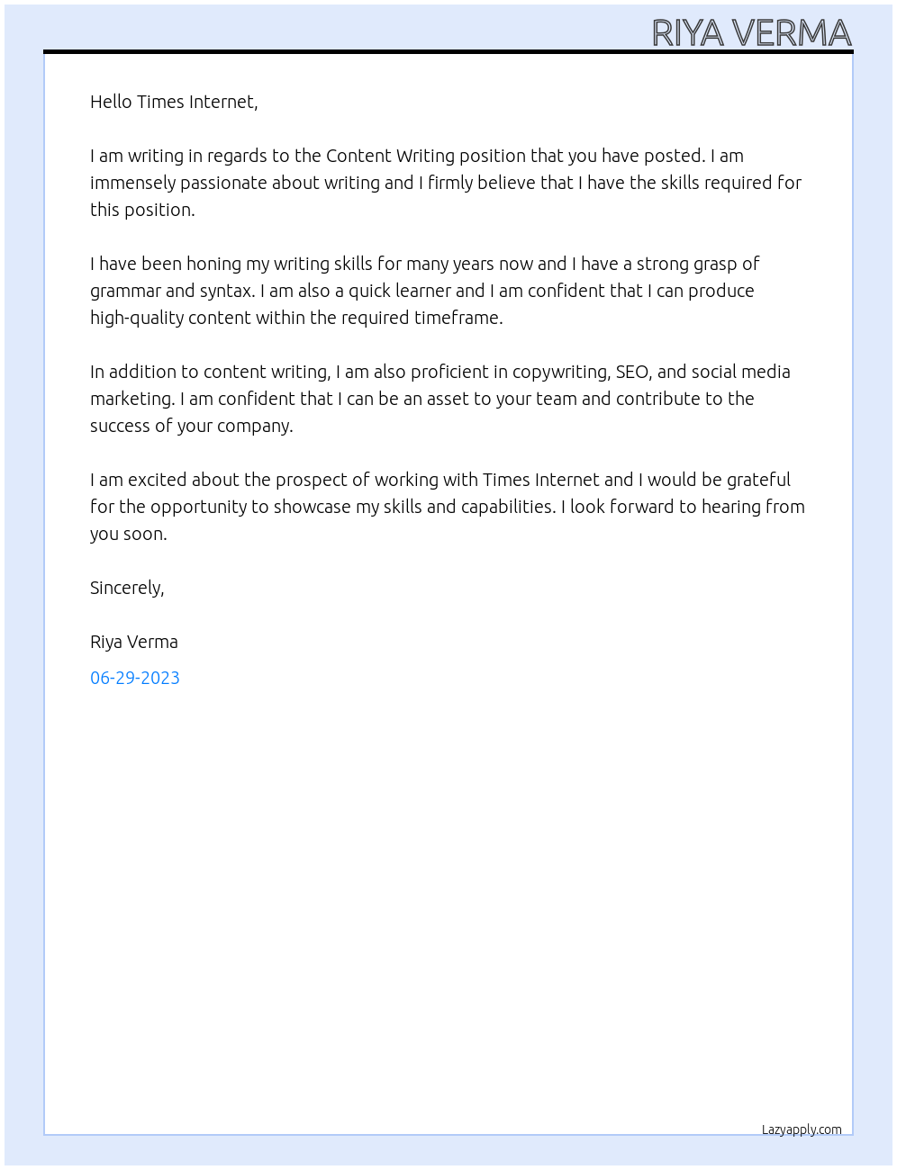 Content Writing At Times Internet Cover Letter