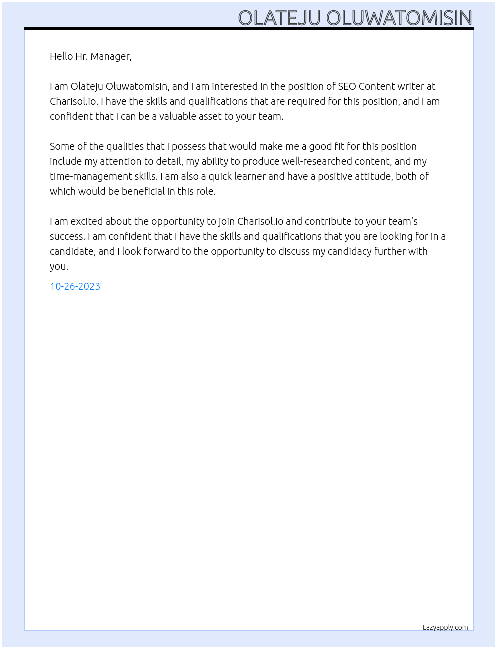 SEO Content writer At Charisol.io Cover Letter