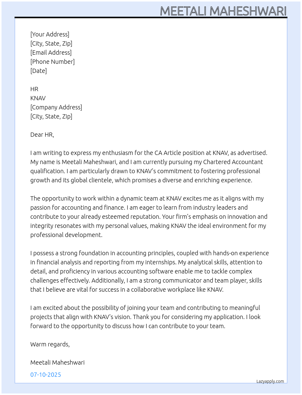 CA ARTICLE At KNAV Cover Letter