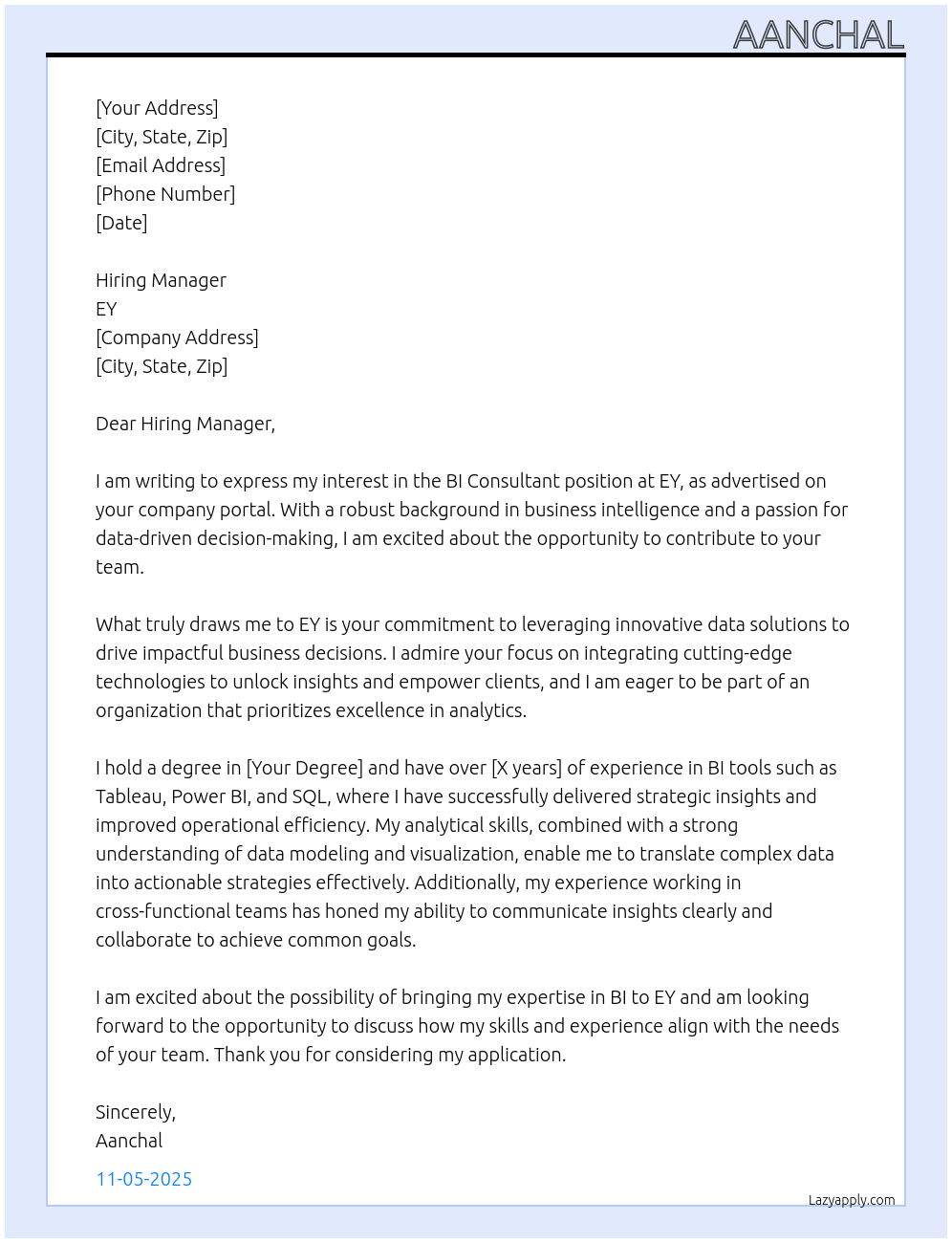 BI Consultant At EY Cover Letter