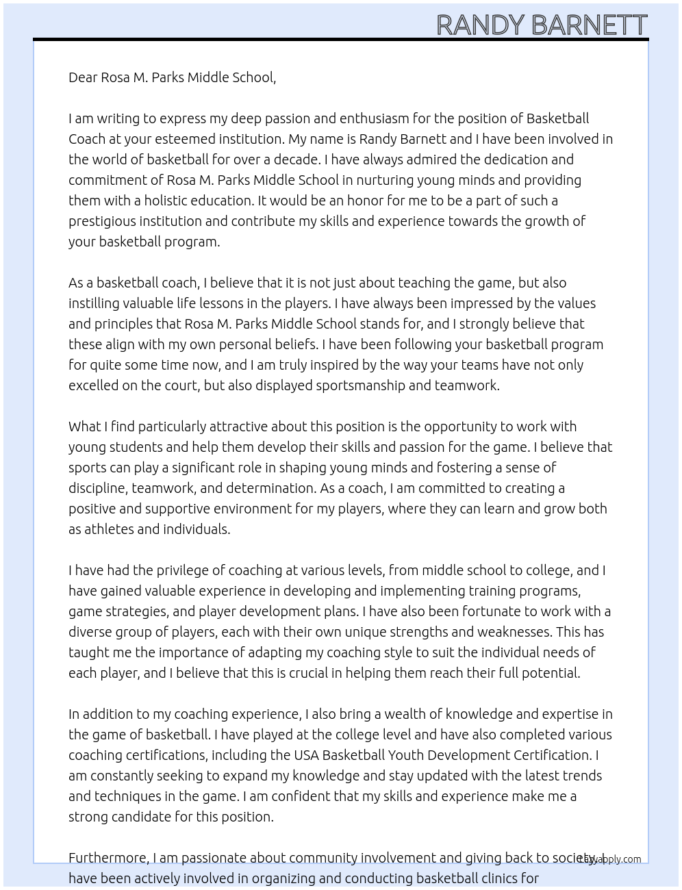 Basketball coach  At Rosa M. Parks Middle School  Cover Letter