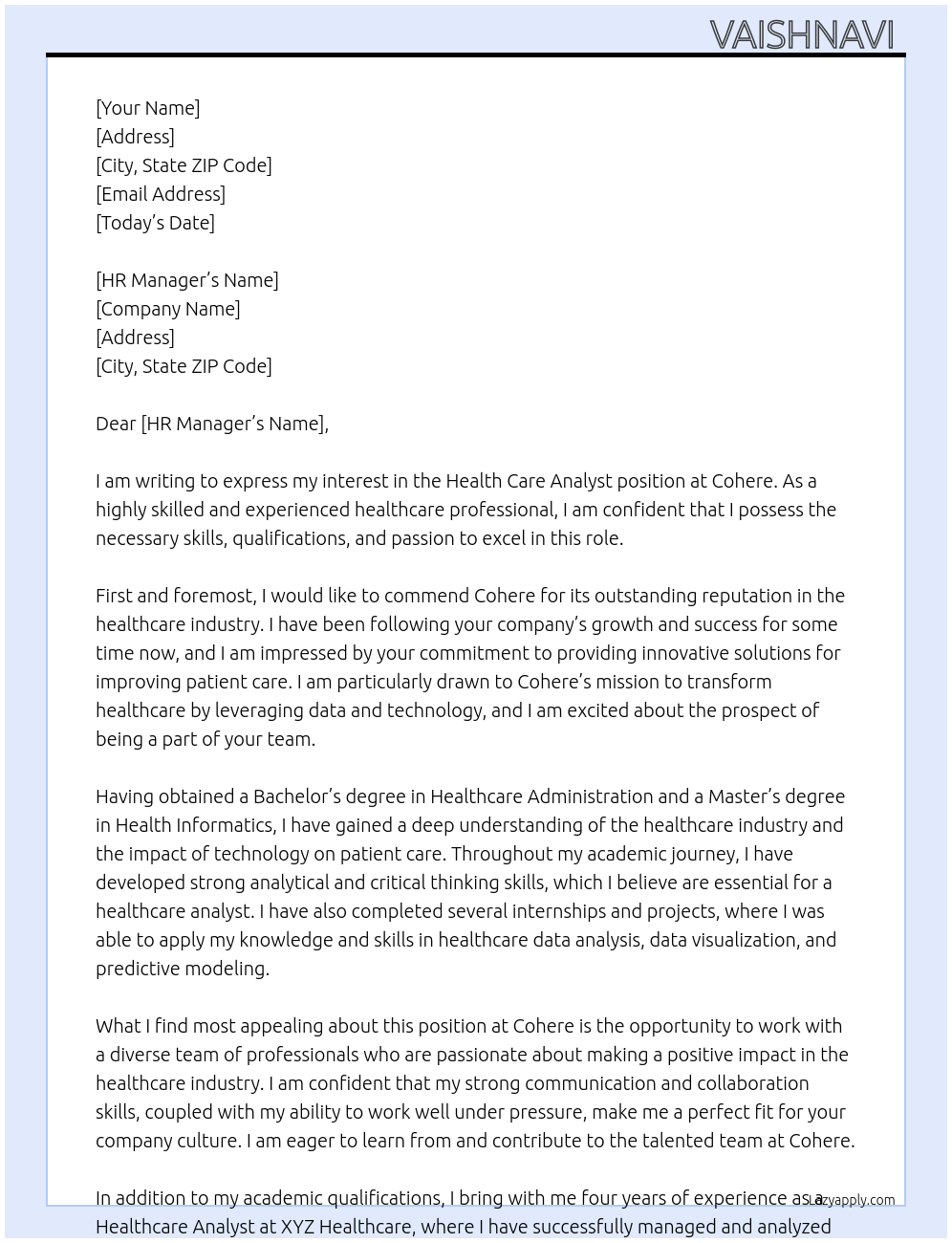Health care analyst  At Cohere Cover Letter